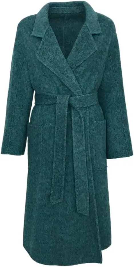 Autumn Winter Jacket Women Wool Blends Rabbit Fur Coats Lady Thick Warm Belts Loose Long Coat Outerwear Streetwear (blue,Medium)