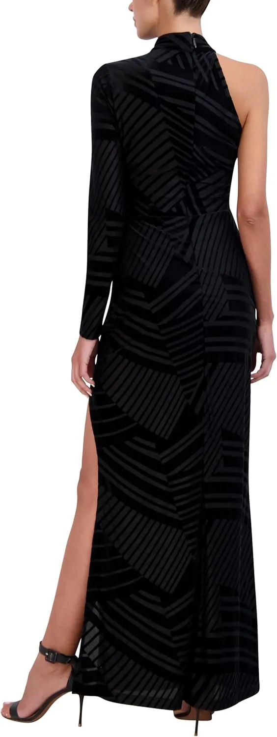 BCBGMAXAZRIA Women's Mock Neck Asymmetrical Sleeve Long Evening Dress