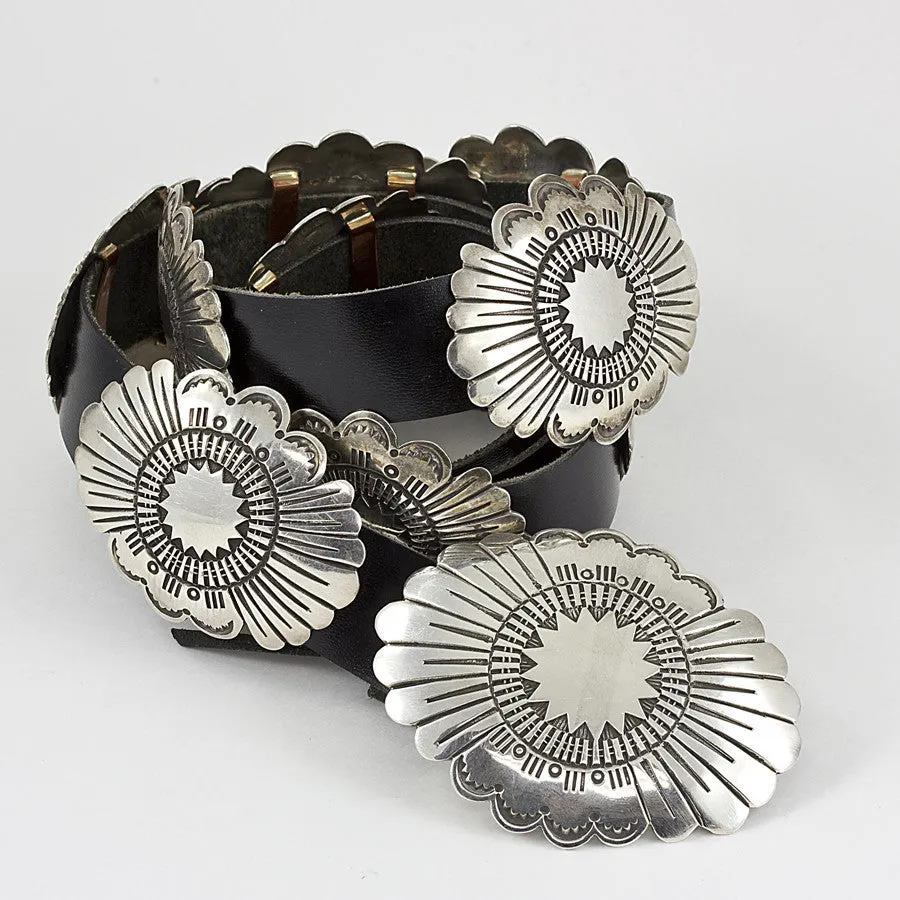 Elegant Sterling Silver and Black Leather 43" Concho Belt