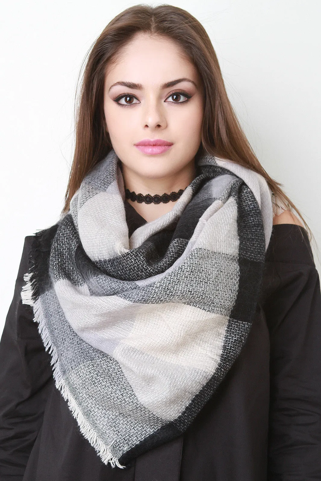 Gingham Print Frayed Hem Blanket Scarf