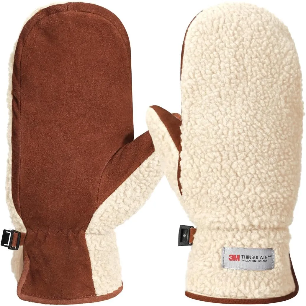 Harssidanzar Women's Sherpa Mitten Genuine Suede Outdoor Mitt Winter For Thermal Thinsulate Lined With Finger Liners SL020US