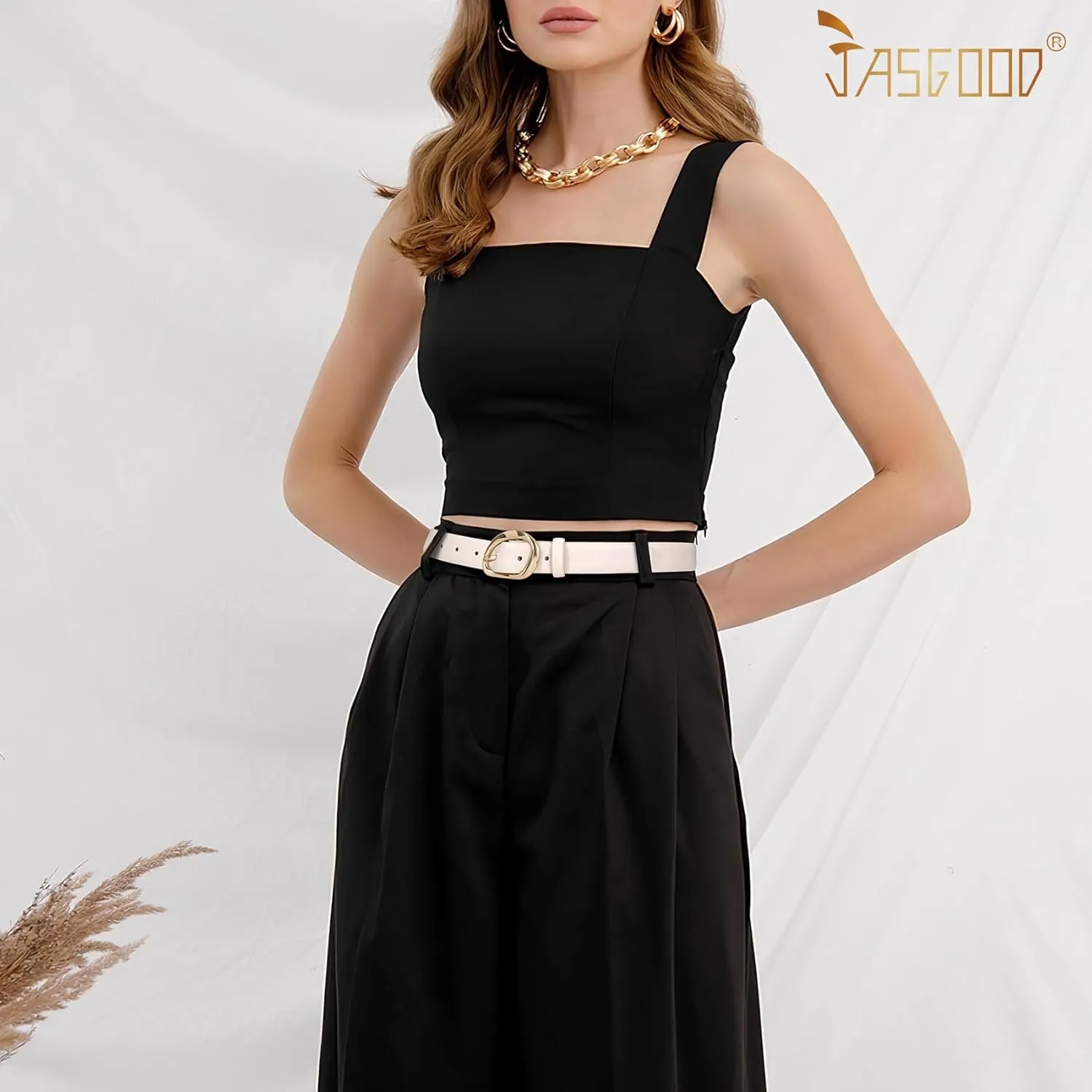 JASGOOD Leather Belts for Women Casual Fashion Waist Belt with Gold Buckle Ladies for Jeans Pants Dresses