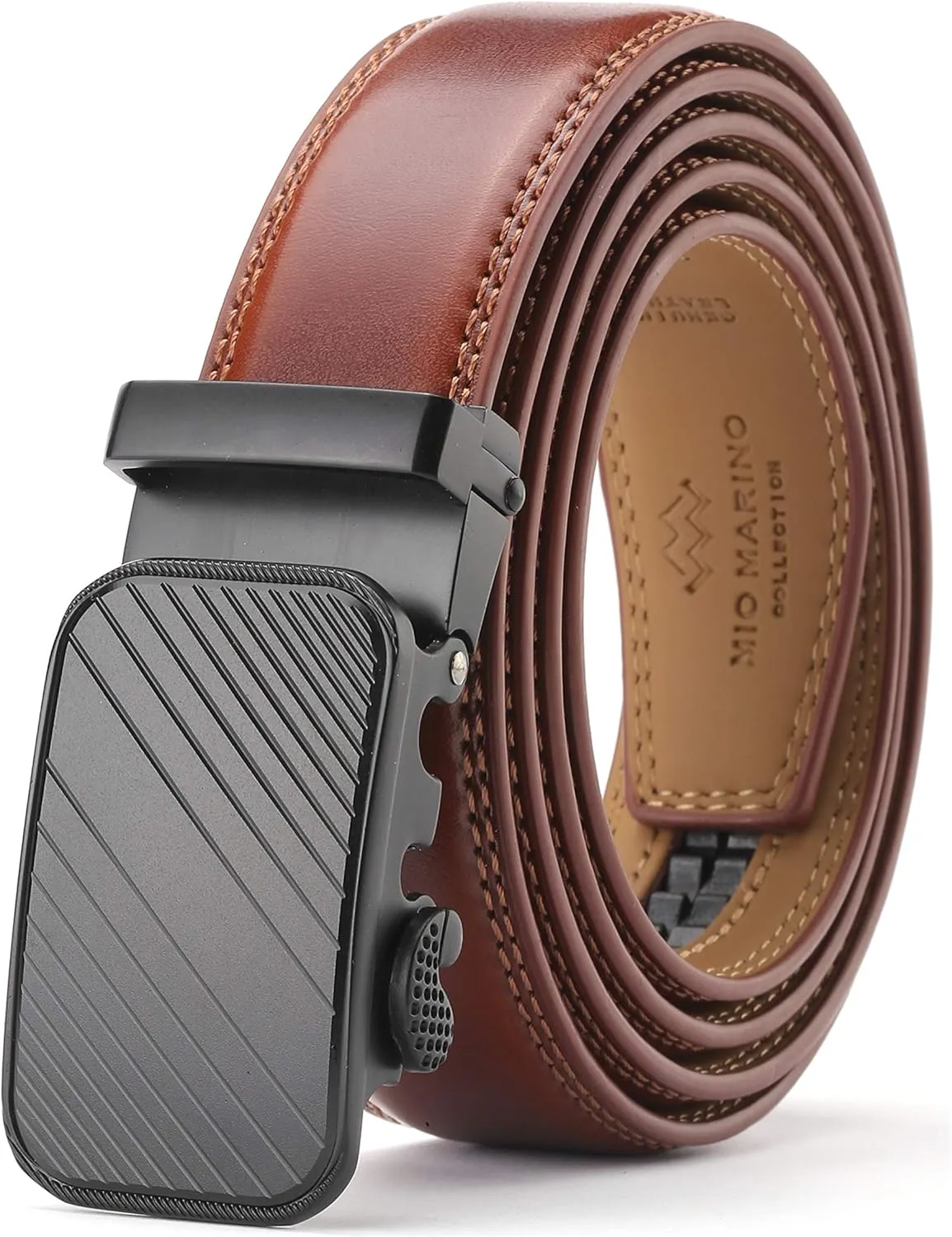 Marino Mens Genuine Leather Ratchet Dress Belt With Automatic Buckle, Enclosed in an Elegant Gift Box - Modern Striped - Burnt Umber - Adjustable from 38" to 54" Waist