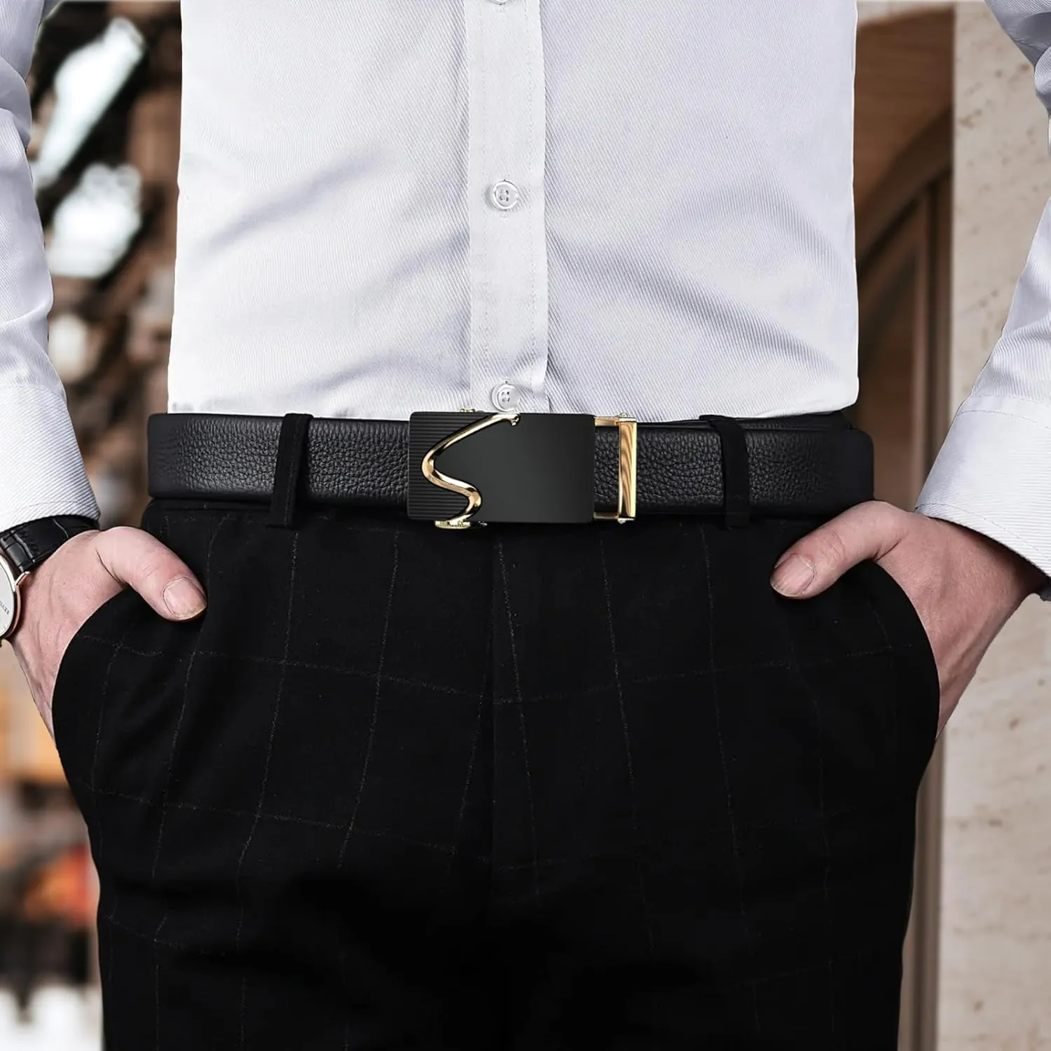 Men's Belt,Leather Ratchet Dress Belts with Sliding Adjustable Belts Dress Casual Jeans Comfort Trim to Fit
