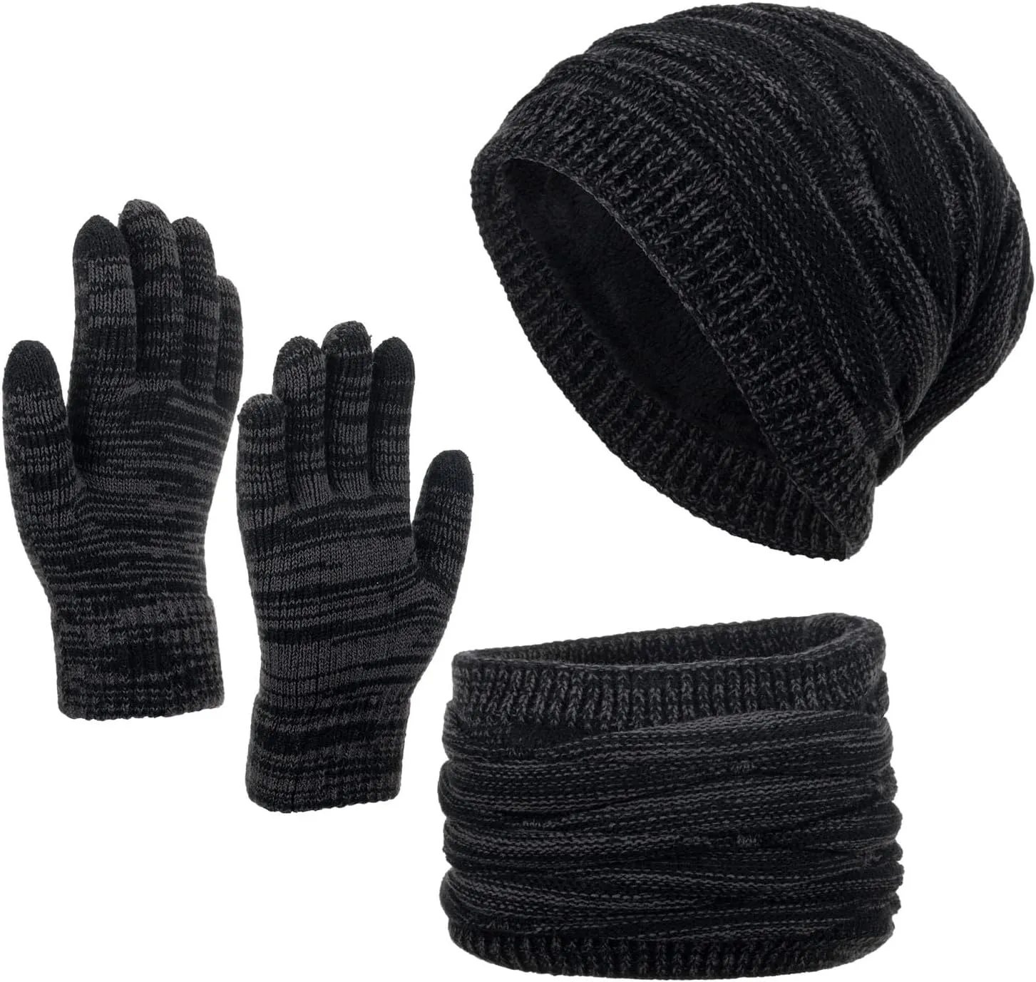 Mens Womens Winter Beanie Hat Scarf Gloves Set Knit Beanie Hat with Warm Fleece Lined Neck Warmer