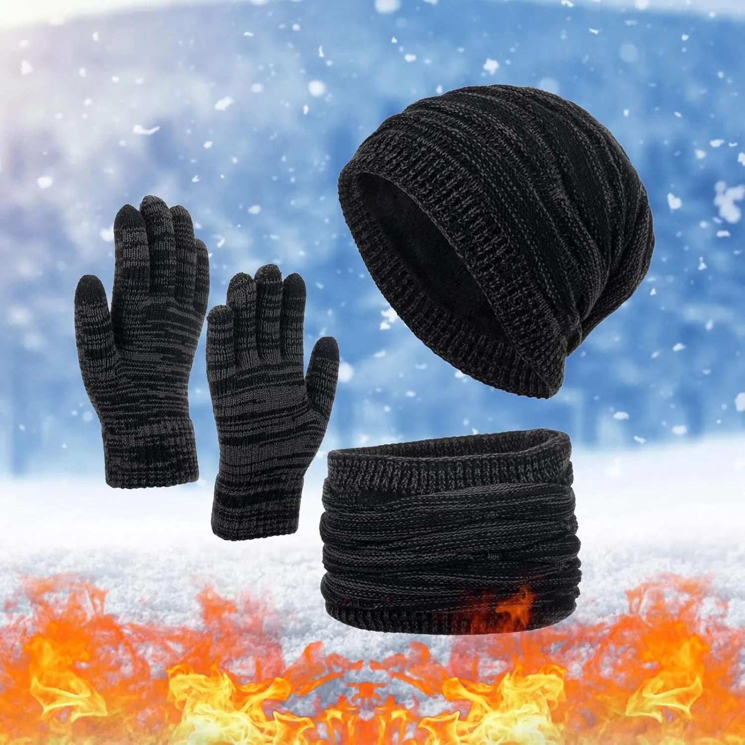 Mens Womens Winter Beanie Hat Scarf Gloves Set Knit Beanie Hat with Warm Fleece Lined Neck Warmer