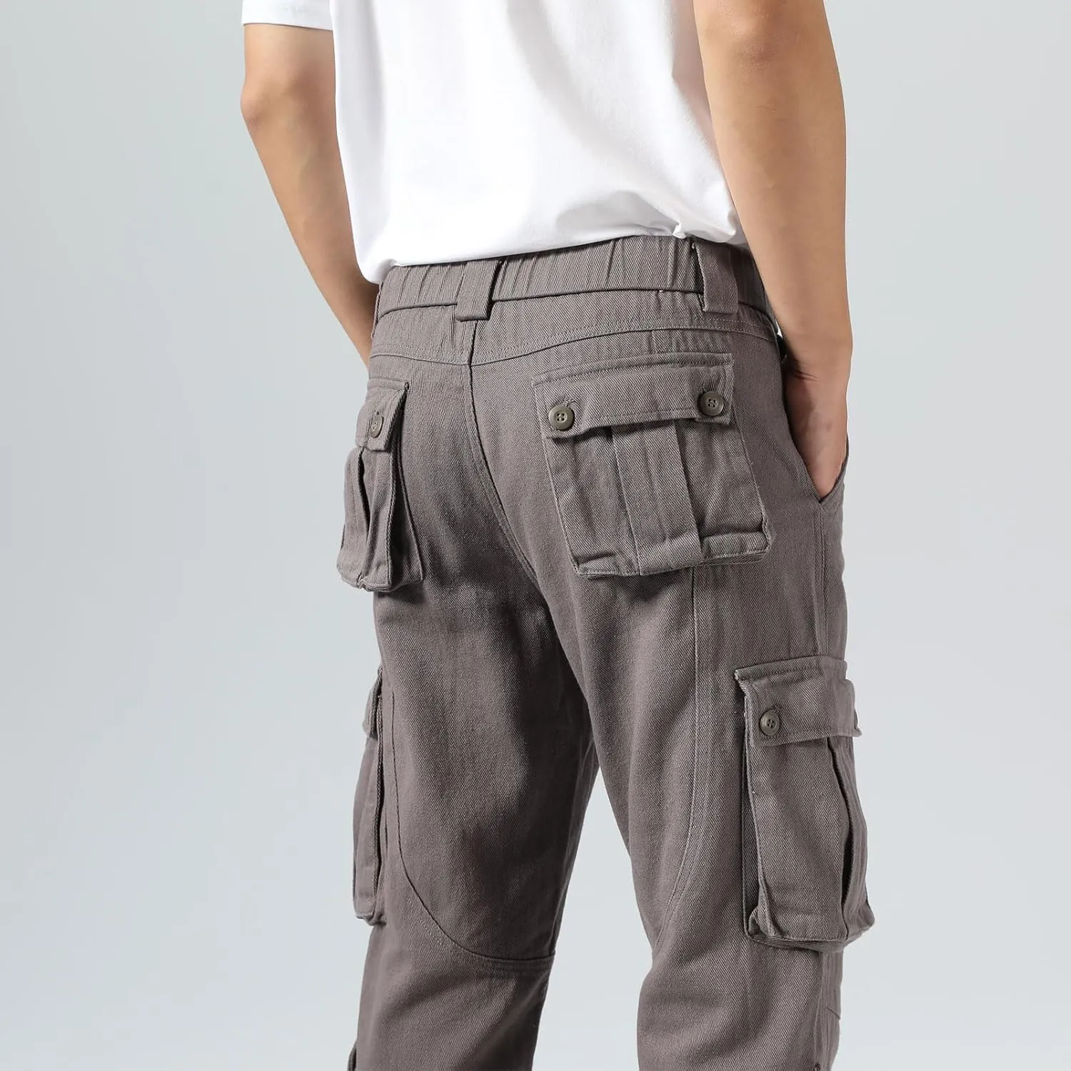 Plaid&Plain Cargo Pants for Men - Straight Fit with Extra Storage and Drawstring Tie