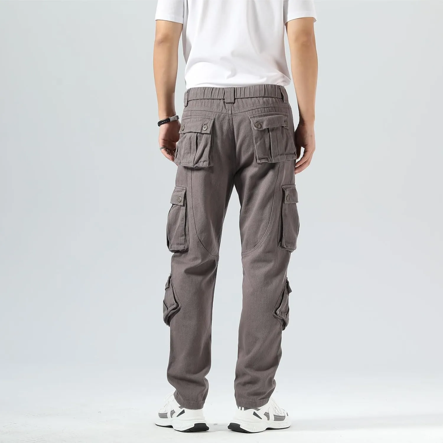 Plaid&Plain Cargo Pants for Men - Straight Fit with Extra Storage and Drawstring Tie