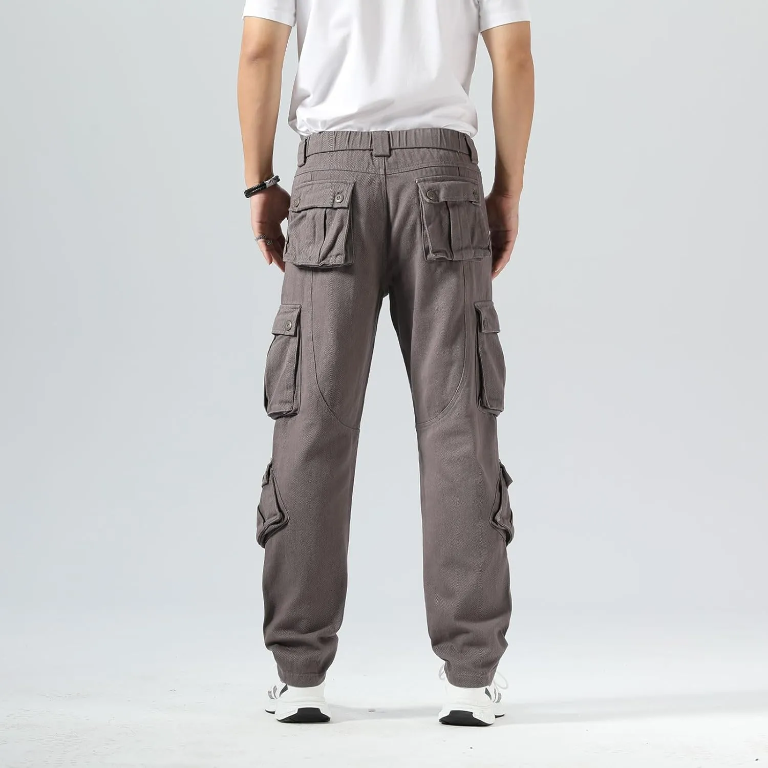 Plaid&Plain Cargo Pants for Men - Straight Fit with Extra Storage and Drawstring Tie