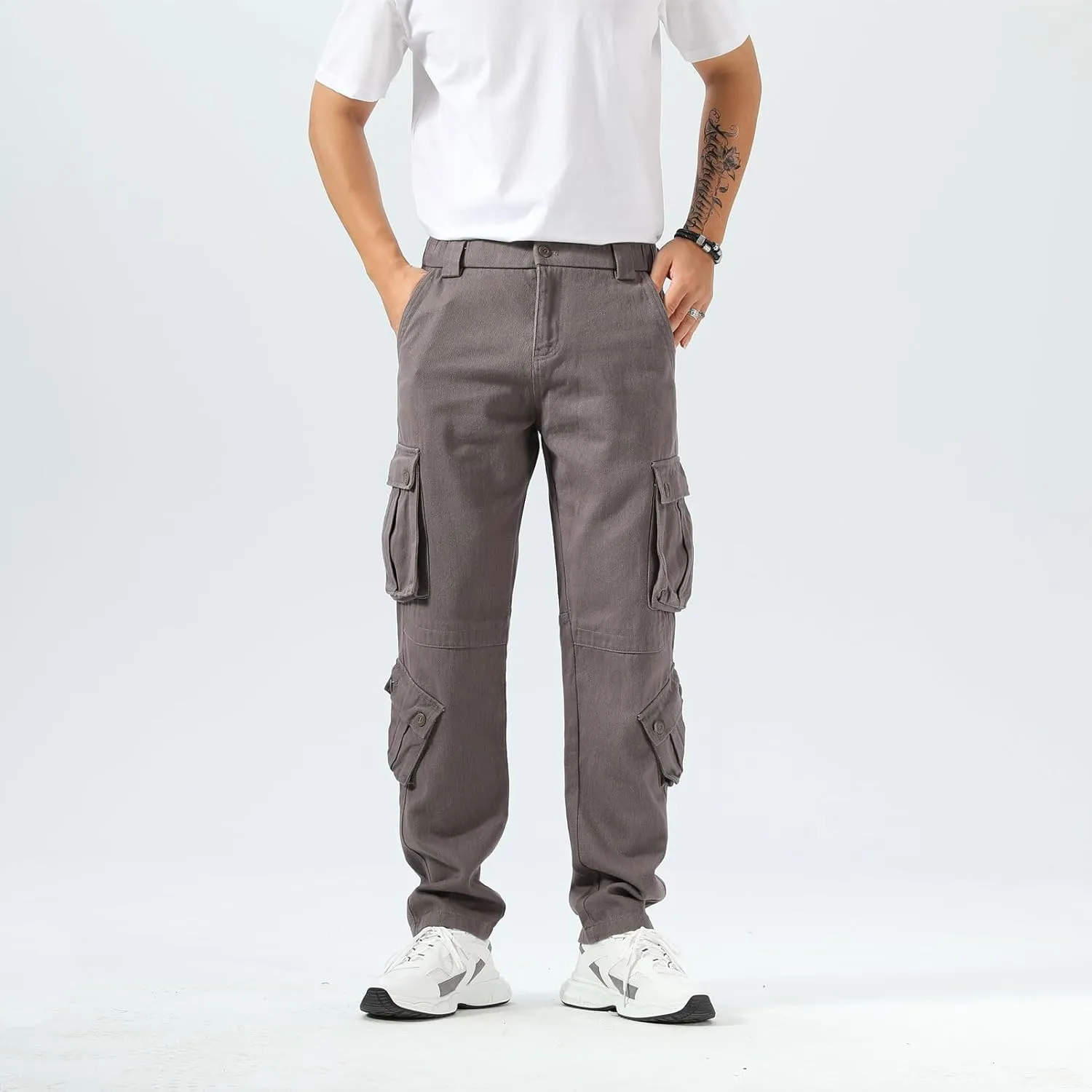 Plaid&Plain Cargo Pants for Men - Straight Fit with Extra Storage and Drawstring Tie