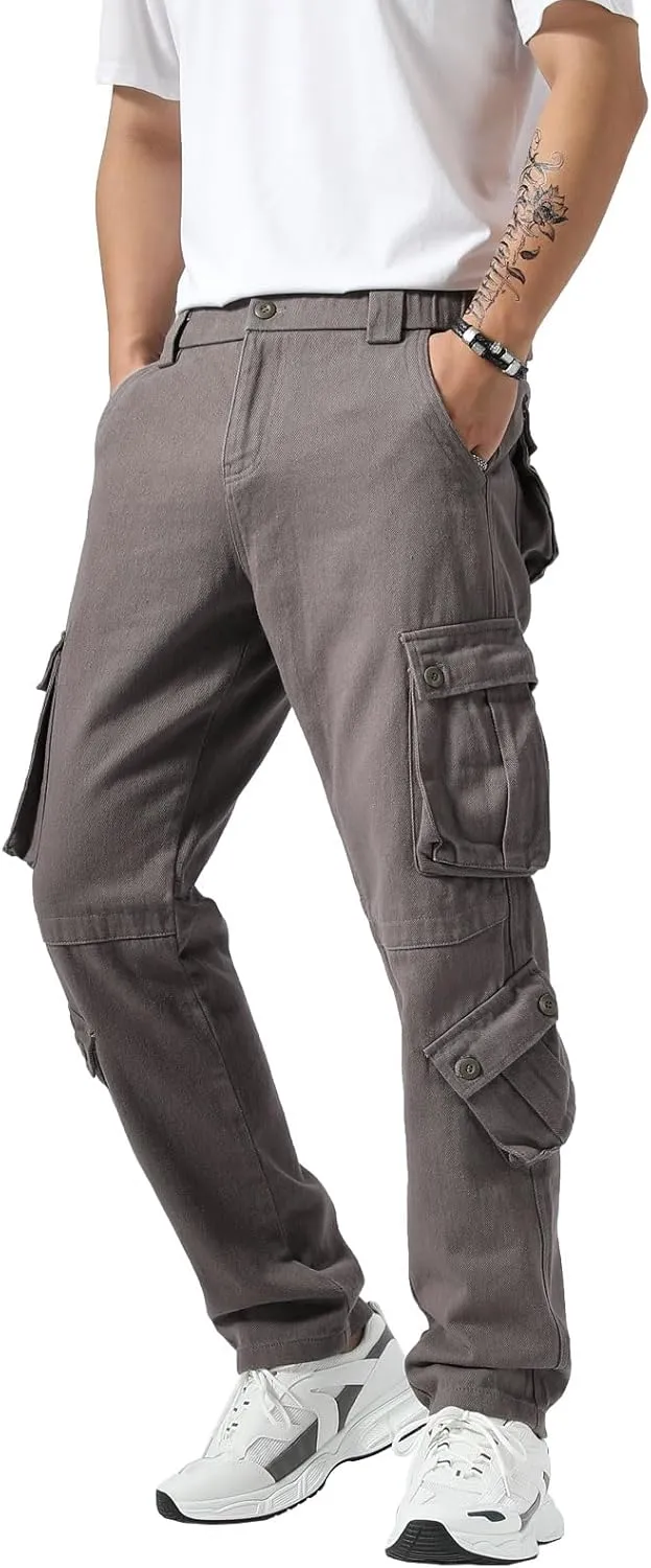Plaid&Plain Cargo Pants for Men - Straight Fit with Extra Storage and Drawstring Tie