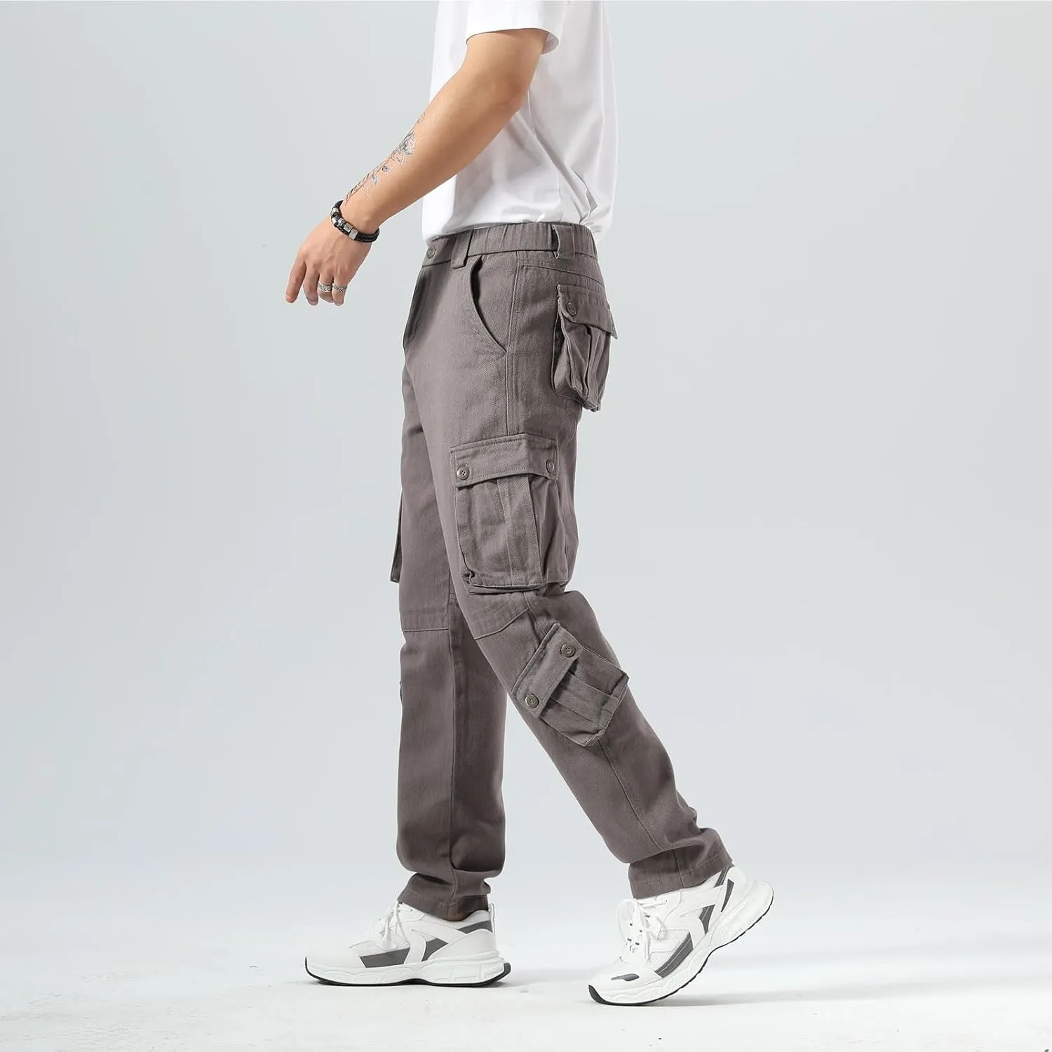 Plaid&Plain Cargo Pants for Men - Straight Fit with Extra Storage and Drawstring Tie
