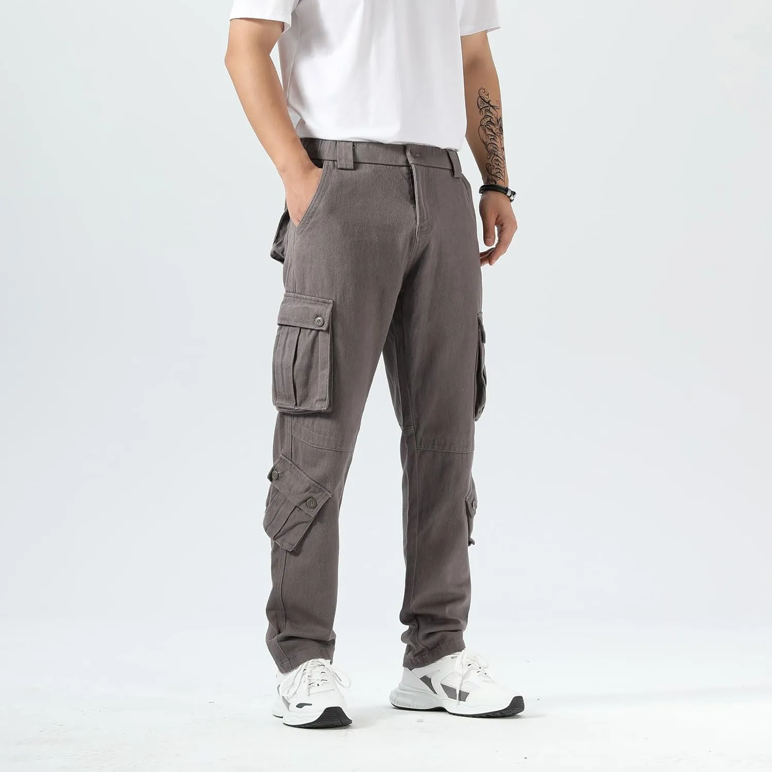 Plaid&Plain Cargo Pants for Men - Straight Fit with Extra Storage and Drawstring Tie