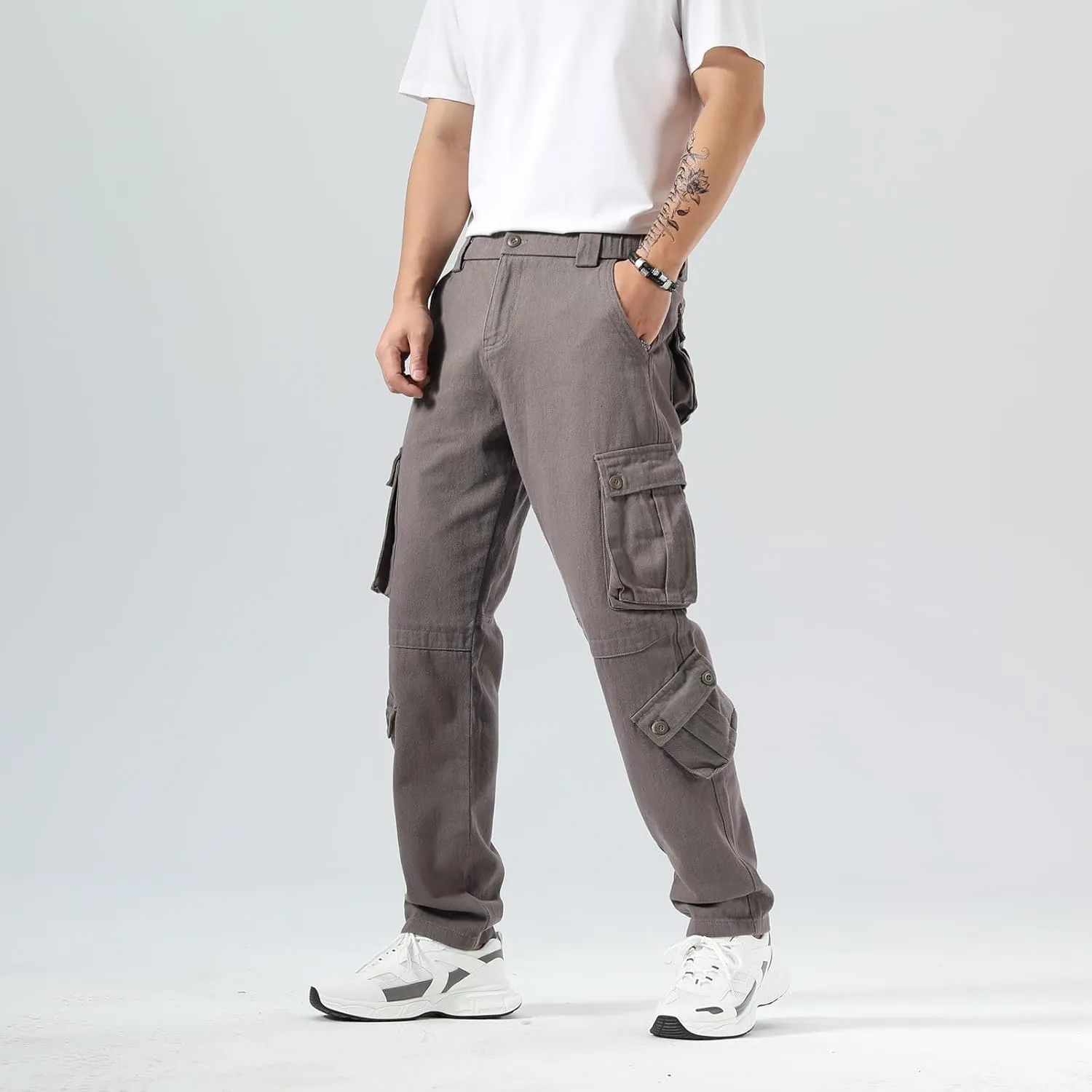 Plaid&Plain Cargo Pants for Men - Straight Fit with Extra Storage and Drawstring Tie