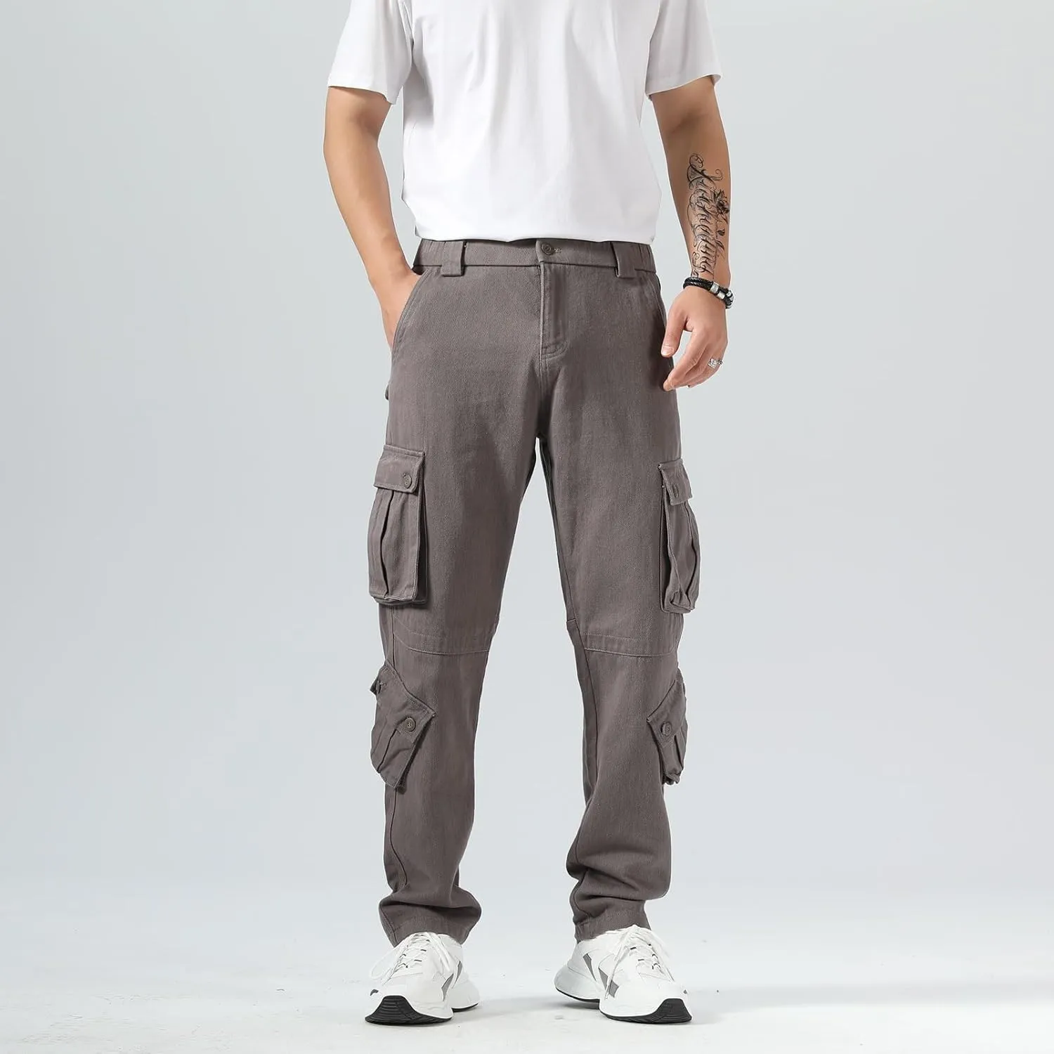 Plaid&Plain Cargo Pants for Men - Straight Fit with Extra Storage and Drawstring Tie