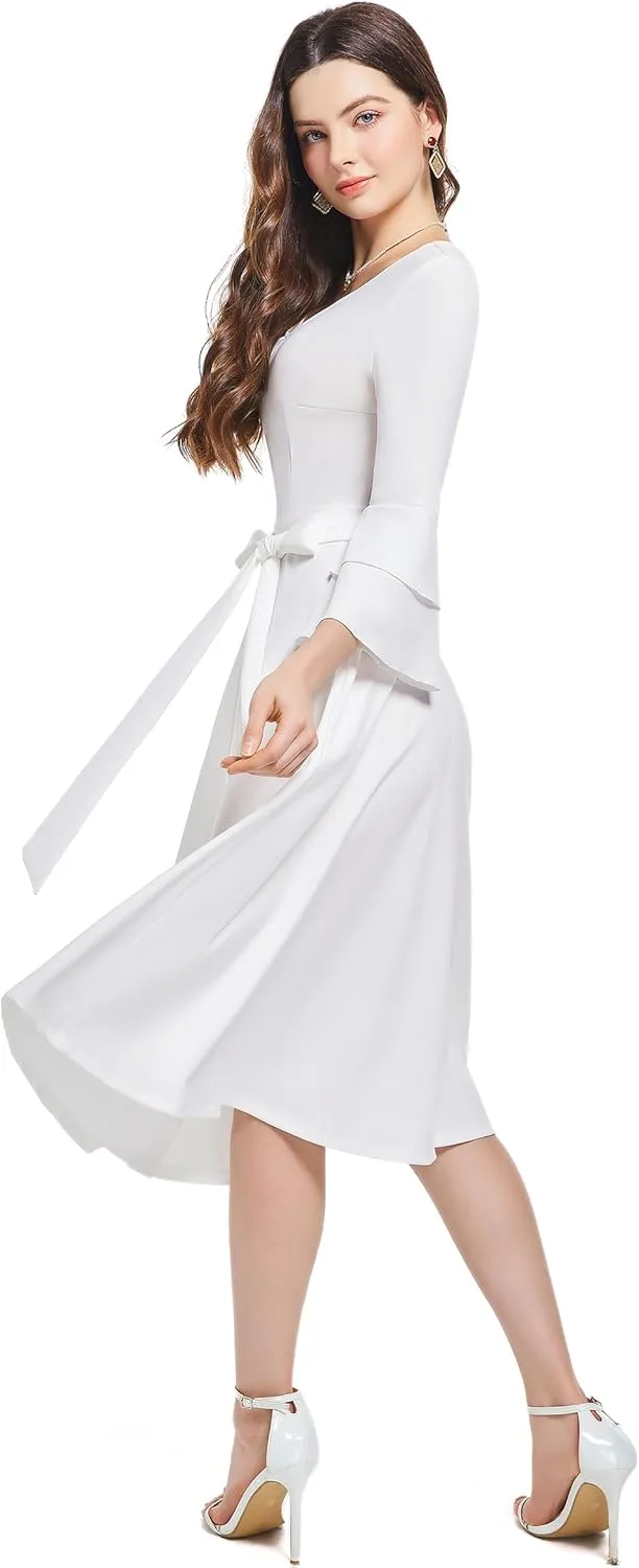 pnpednde Women's Elegant Solid Color Casual Wrap V-Neck Flared Sleeve Cocktail Dress