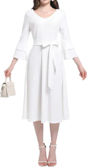 pnpednde Women's Elegant Solid Color Casual Wrap V-Neck Flared Sleeve Cocktail Dress