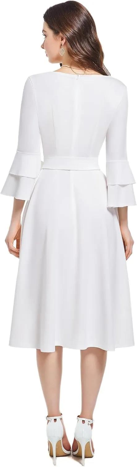 pnpednde Women's Elegant Solid Color Casual Wrap V-Neck Flared Sleeve Cocktail Dress