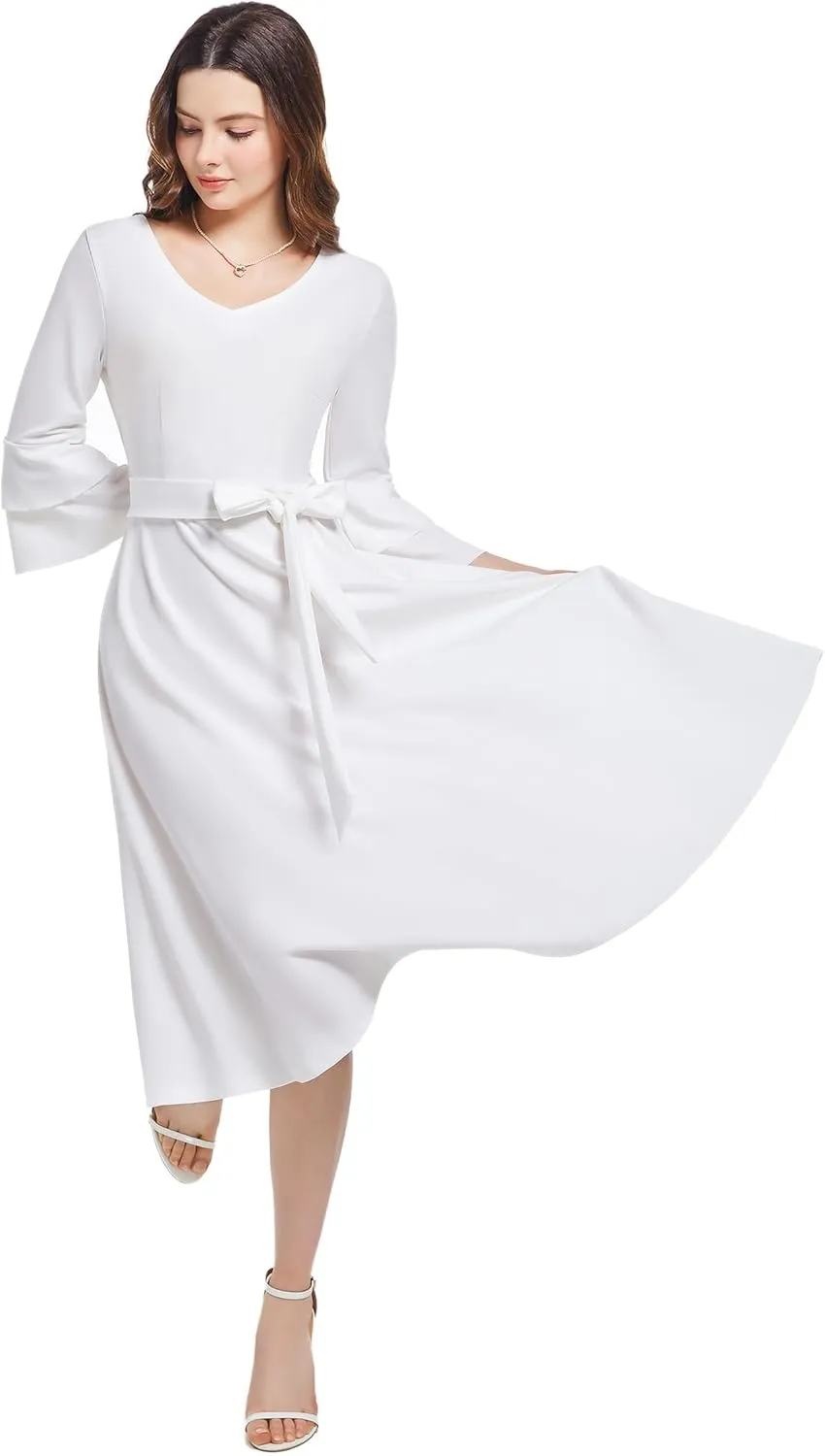 pnpednde Women's Elegant Solid Color Casual Wrap V-Neck Flared Sleeve Cocktail Dress