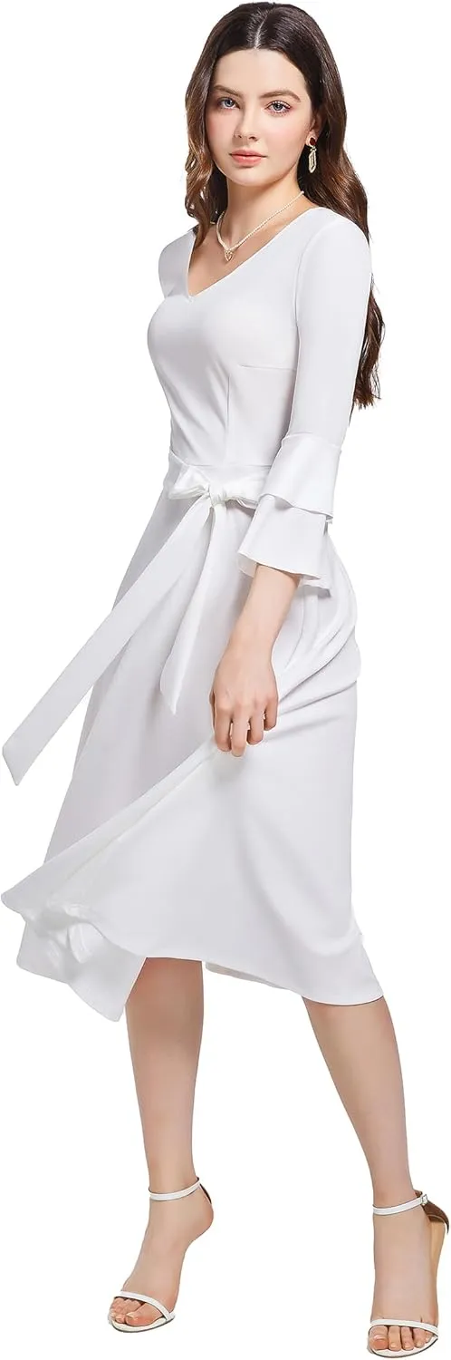 pnpednde Women's Elegant Solid Color Casual Wrap V-Neck Flared Sleeve Cocktail Dress