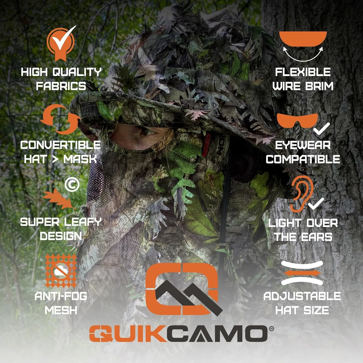 QuikCamo Realtree & Mossy Oak 3D Leafy Camo Face Mask Bucket Hat for Men Deer Duck and Turkey Hunting (Fully Adjustable OSFM)