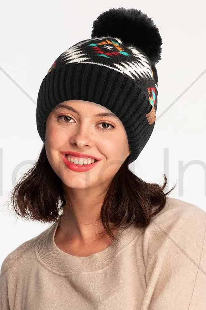 ScarvesMe Women's Winter Soft Knit Aztec Pattern Beanie with Faux Fur Pom