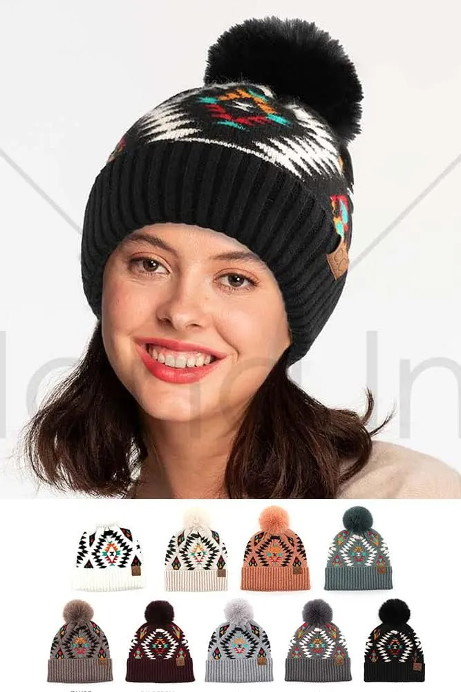 ScarvesMe Women's Winter Soft Knit Aztec Pattern Beanie with Faux Fur Pom