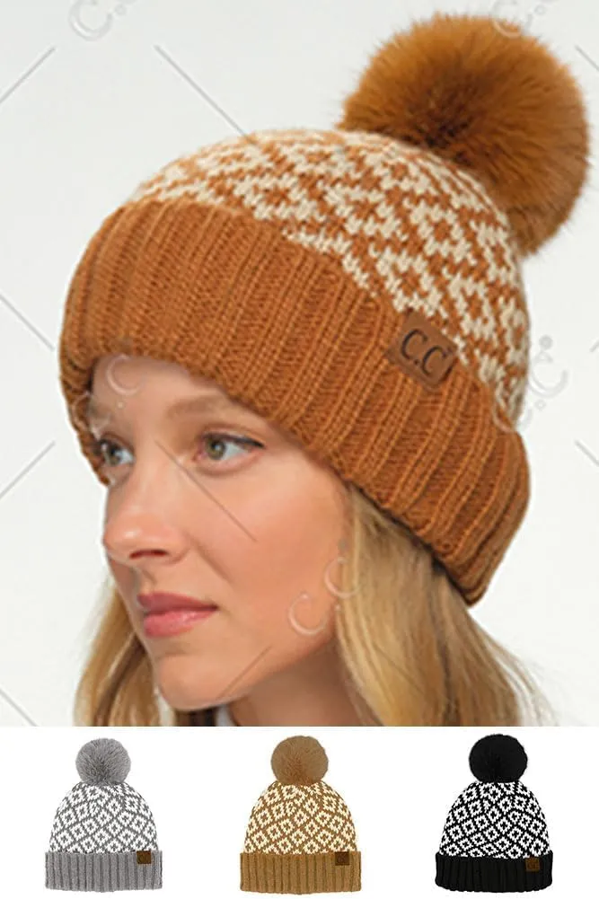 ScarvesMe Women's Winter Soft Knit Aztec Pattern Beanie with Faux Fur Pom