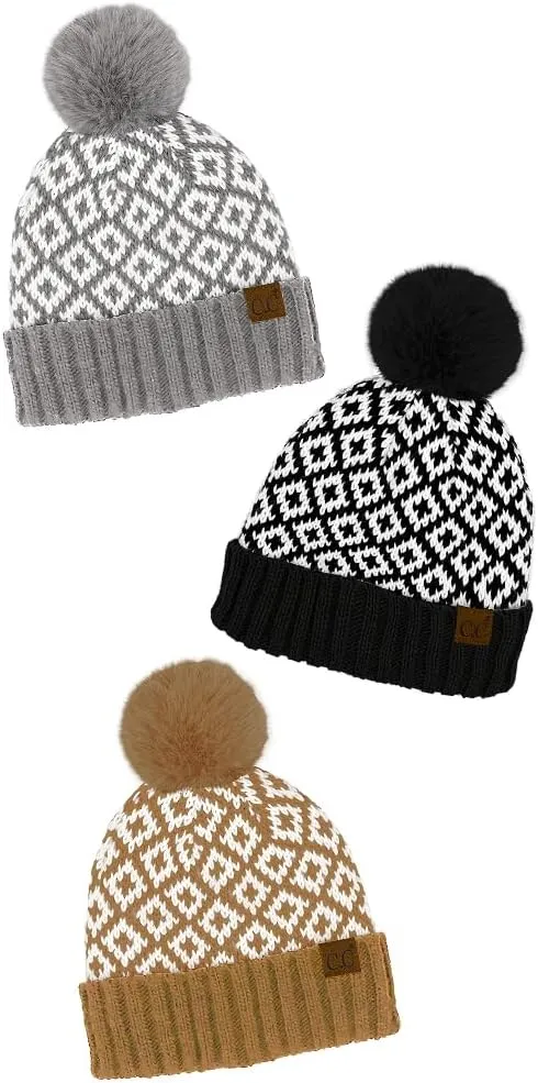 ScarvesMe Women's Winter Soft Knit Aztec Pattern Beanie with Faux Fur Pom