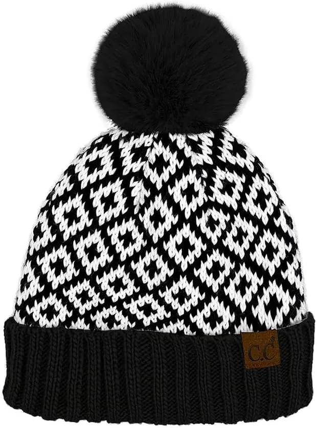 ScarvesMe Women's Winter Soft Knit Aztec Pattern Beanie with Faux Fur Pom