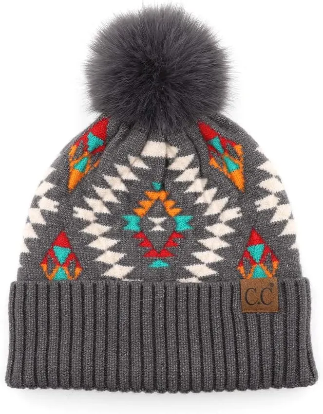 ScarvesMe Women's Winter Soft Knit Aztec Pattern Beanie with Faux Fur Pom