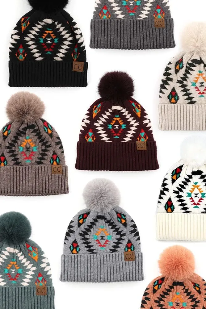ScarvesMe Women's Winter Soft Knit Aztec Pattern Beanie with Faux Fur Pom
