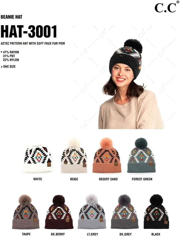 ScarvesMe Women's Winter Soft Knit Aztec Pattern Beanie with Faux Fur Pom