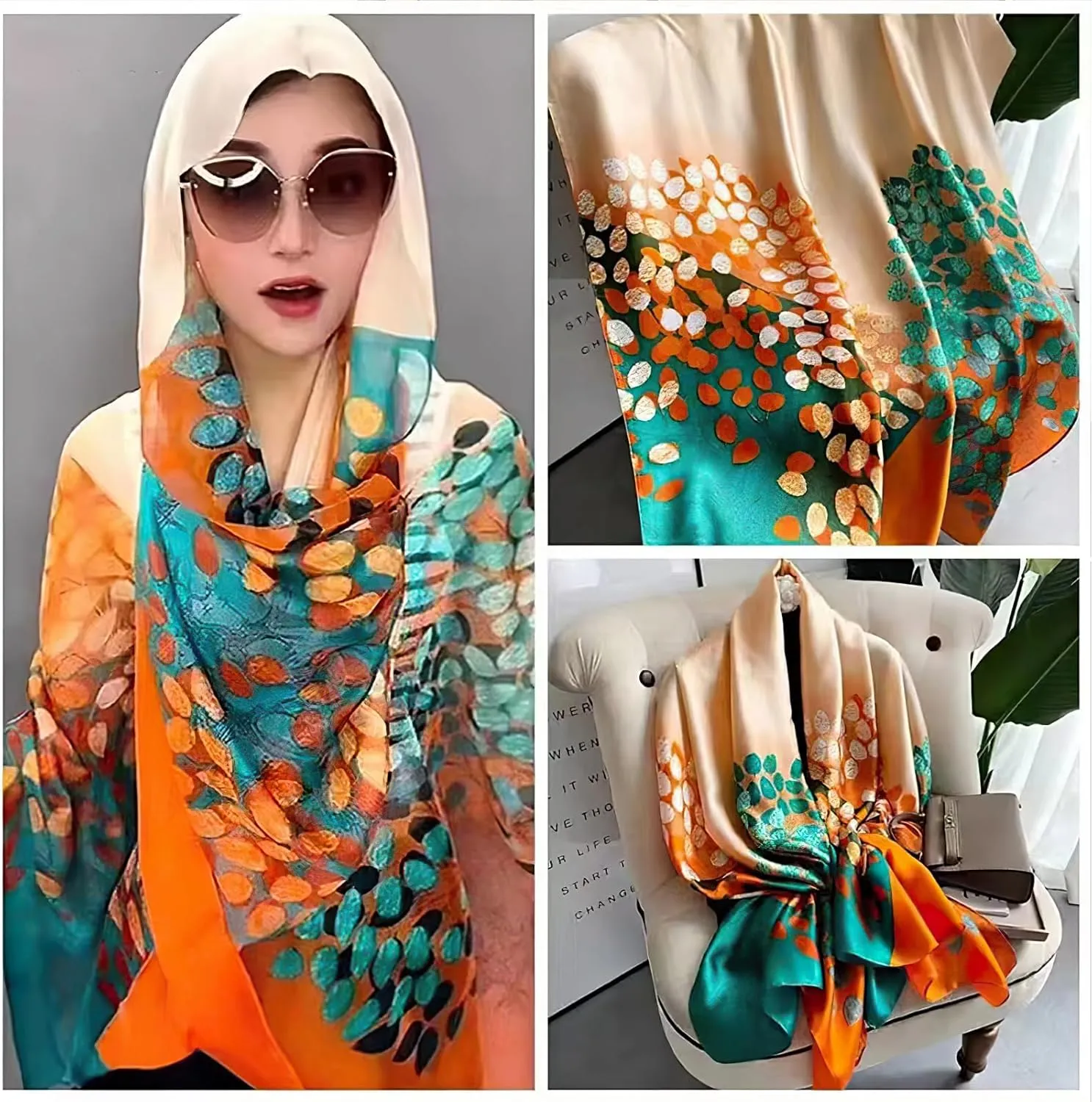 vimate 100% Large Silk Feeling Scarf-Women's Fashion Long Mulberry Silk Satin Neck Scarf Sunscreen Shawl Wrap Headscarf