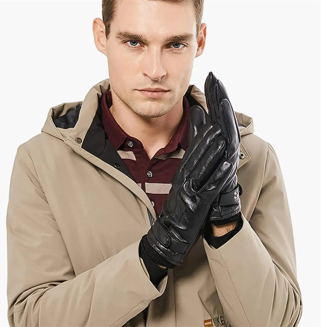 Winter Sheepskin Leather Gloves Men Warm Touchscreen Gloves With Cashmere Lining Driving Cycling Running Ski Gloves