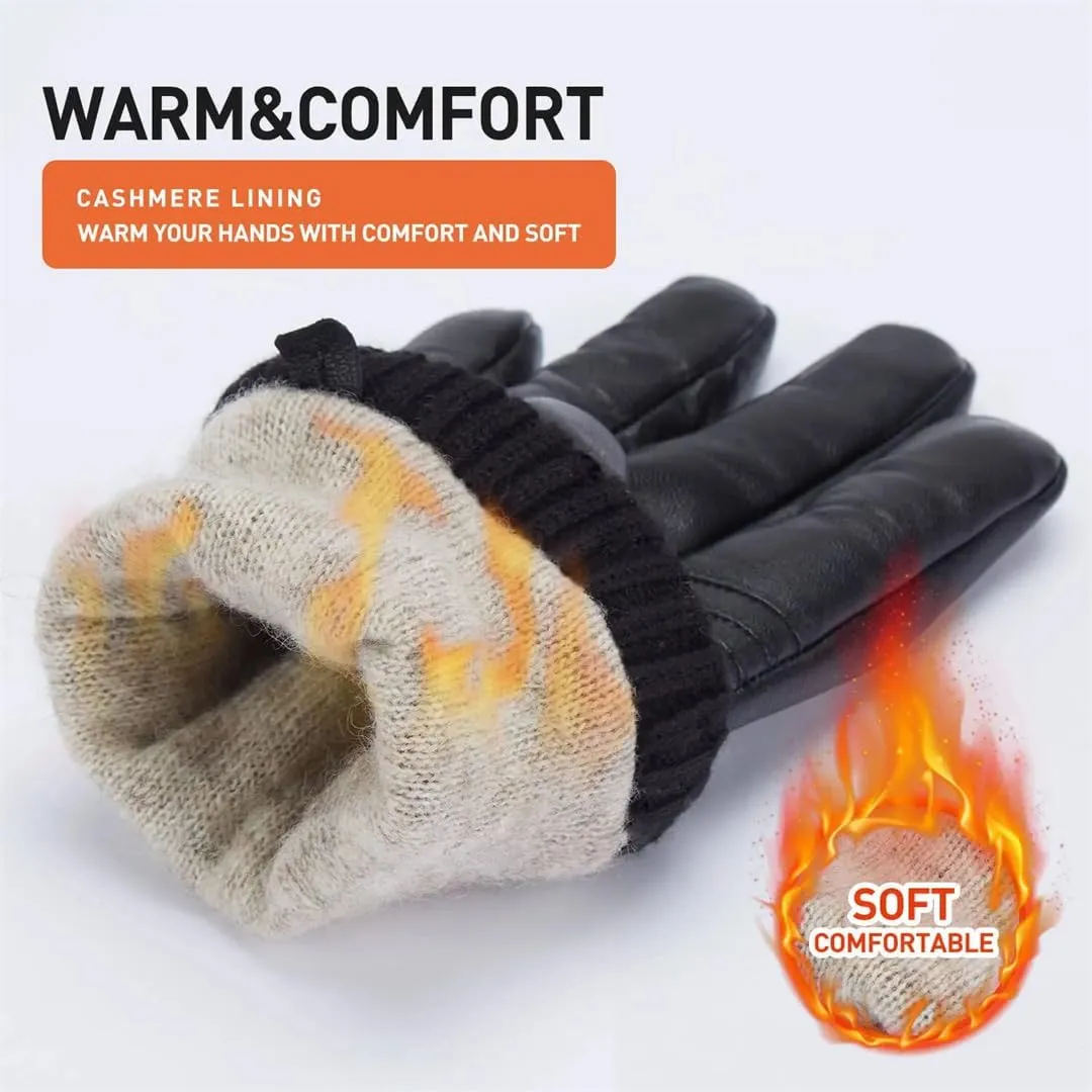Winter Sheepskin Leather Gloves Men Warm Touchscreen Gloves With Cashmere Lining Driving Cycling Running Ski Gloves