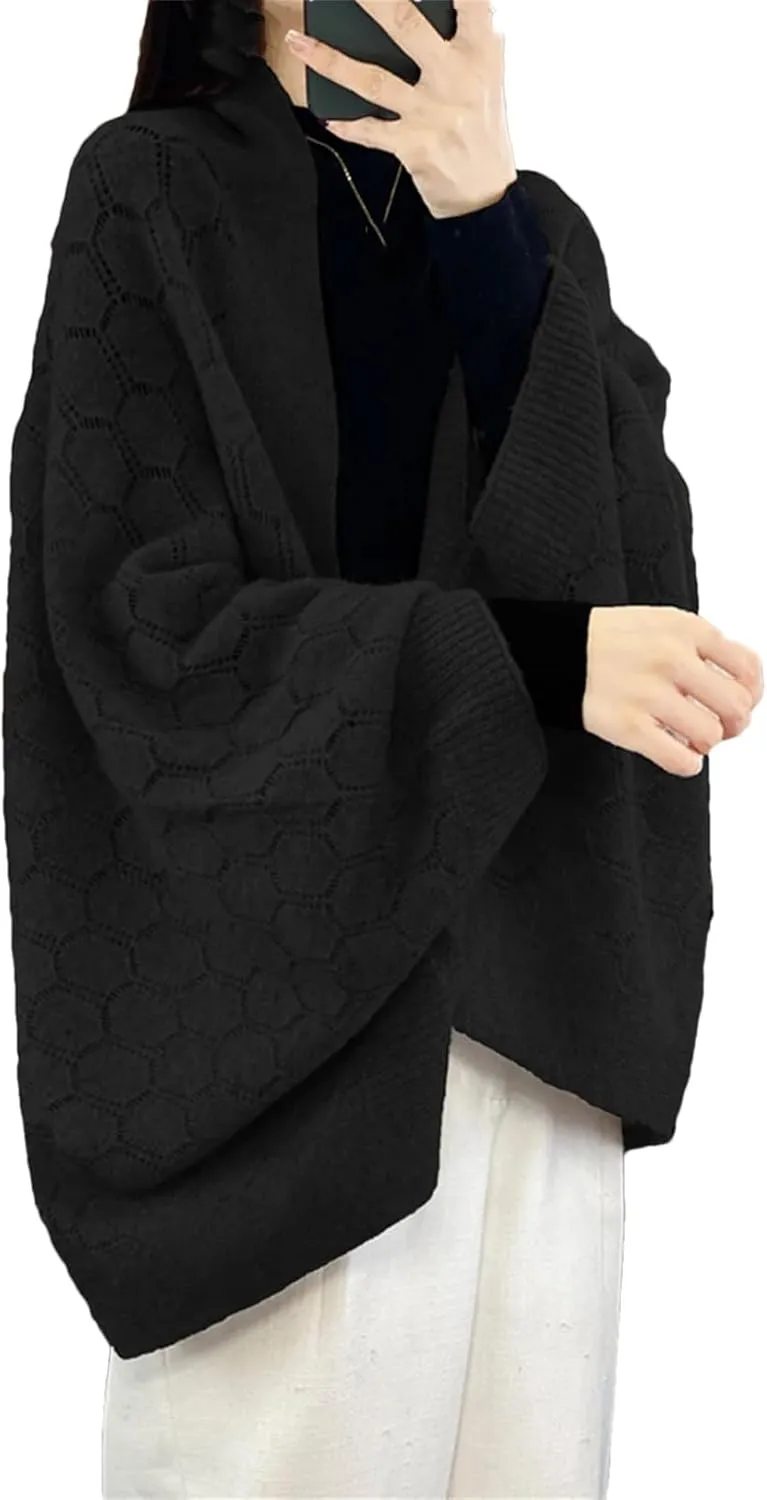 Women 100% Merino Wool Spring Cardigan Elegant Soft Knitted Scarf Hollow Out Sweater