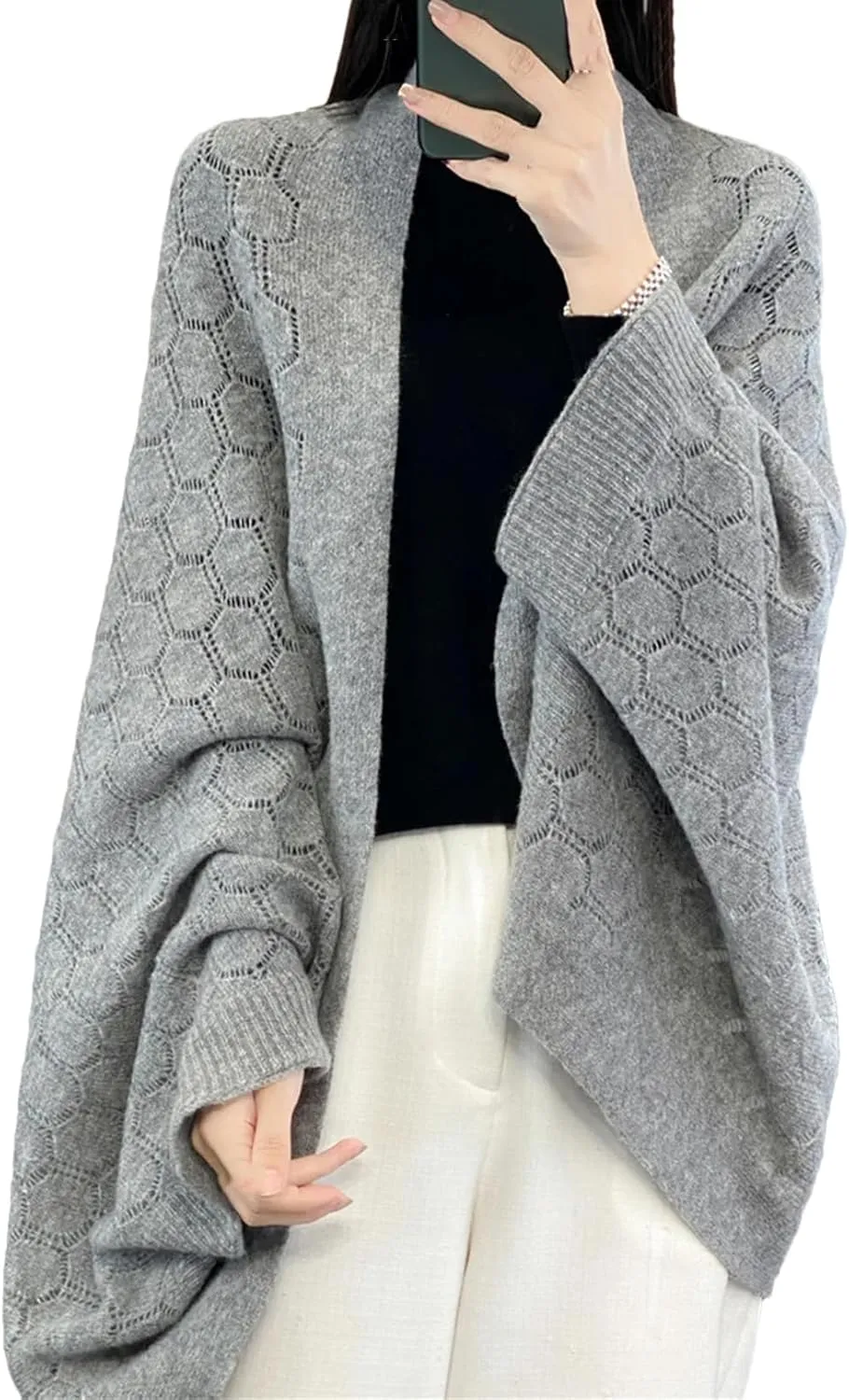 Women 100% Merino Wool Spring Cardigan Elegant Soft Knitted Scarf Hollow Out Sweater