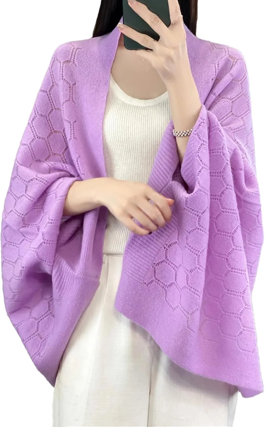 Women 100% Merino Wool Spring Cardigan Elegant Soft Knitted Scarf Hollow Out Sweater