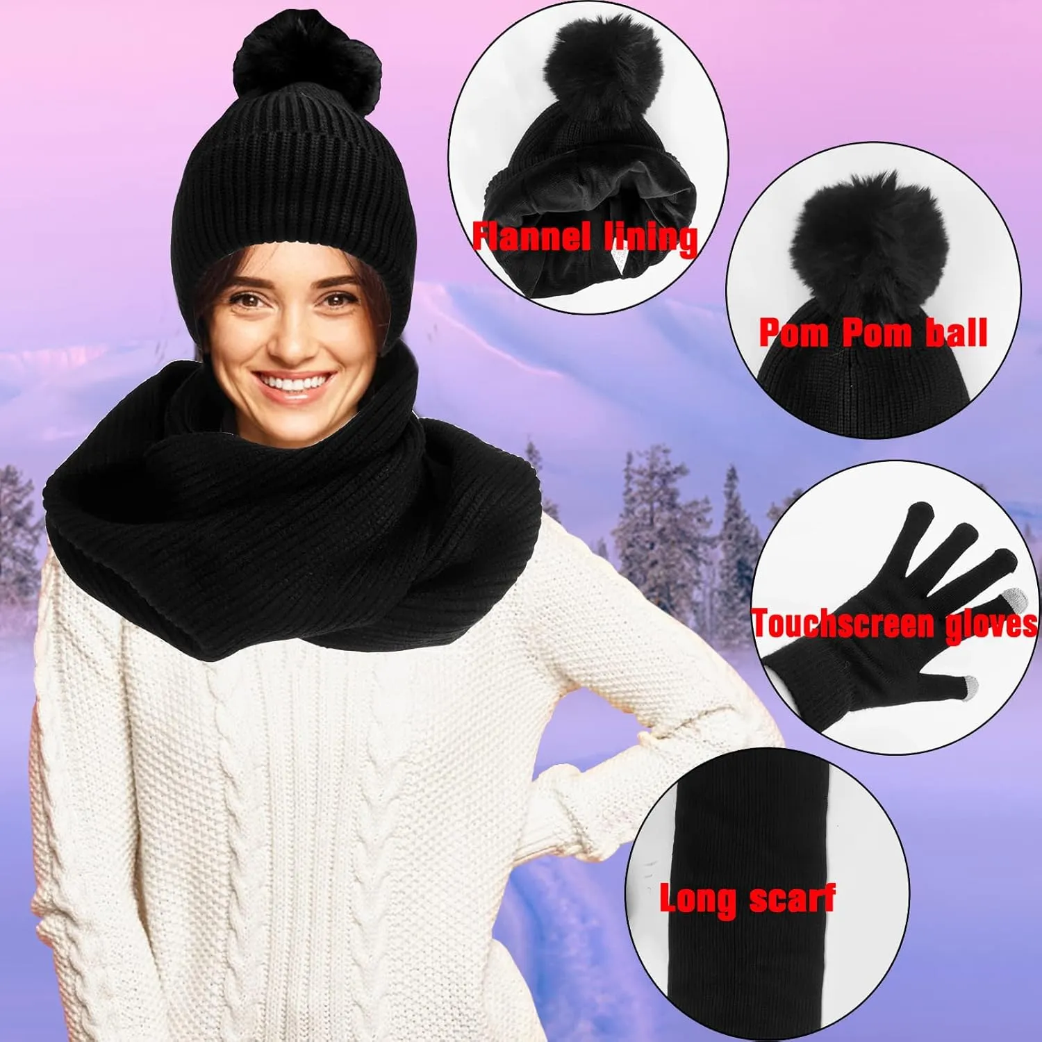 Women Girls Knit Beanie Hat Scarf and Gloves Set, Winter Soft Warm Thick Fleece Lined Knit Hat with Pompom, Gloves and Scarf