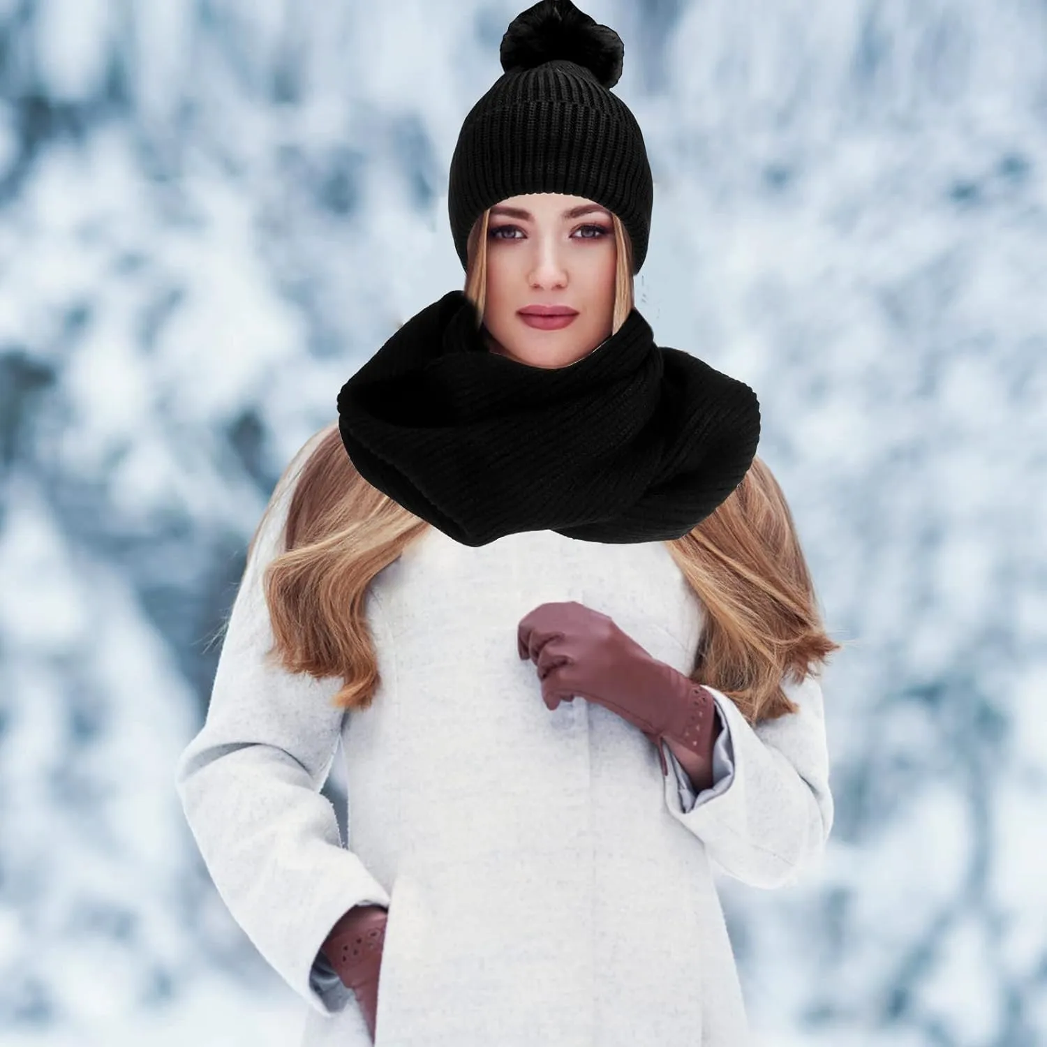 Women Girls Knit Beanie Hat Scarf and Gloves Set, Winter Soft Warm Thick Fleece Lined Knit Hat with Pompom, Gloves and Scarf