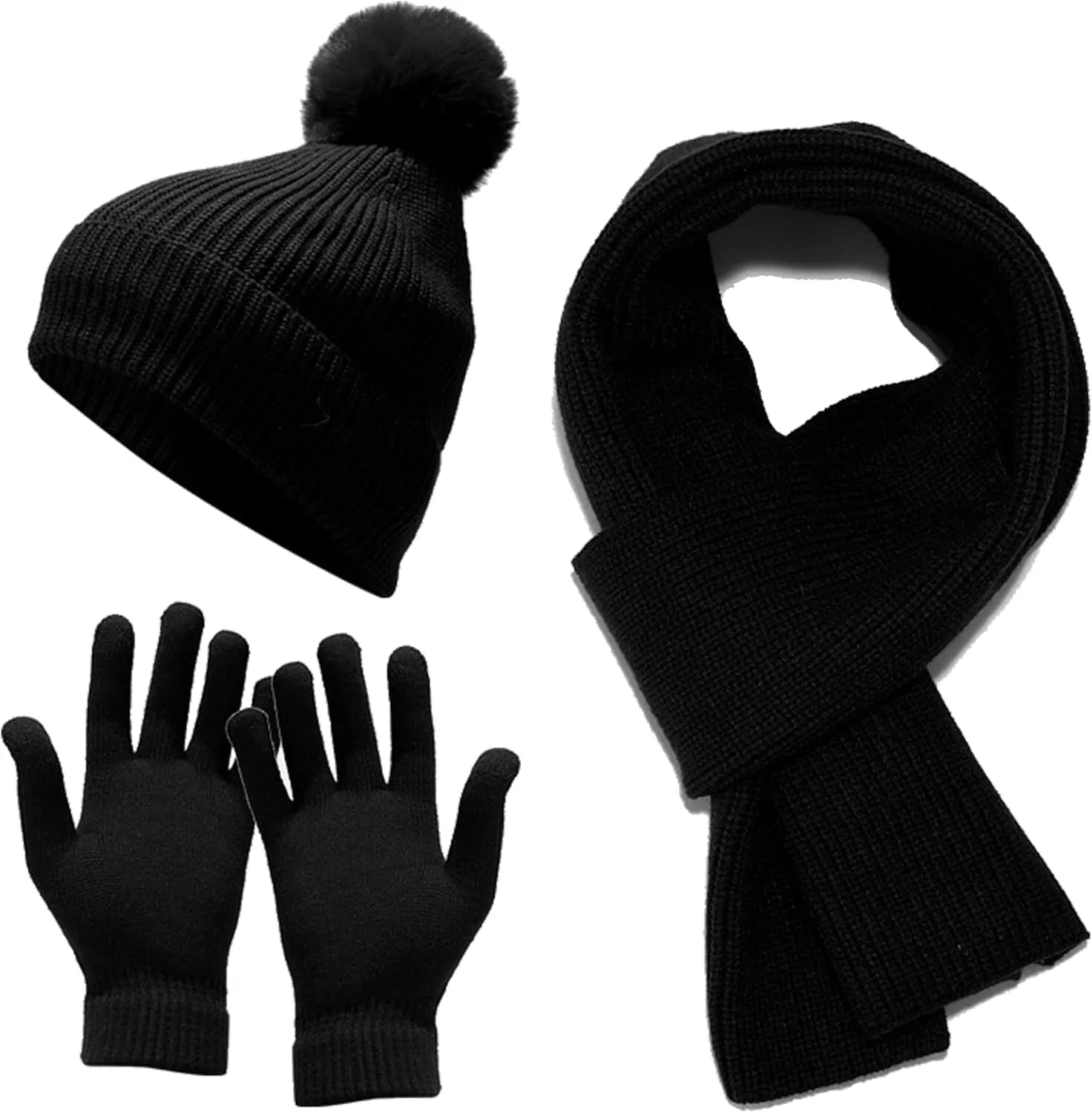 Women Girls Knit Beanie Hat Scarf and Gloves Set, Winter Soft Warm Thick Fleece Lined Knit Hat with Pompom, Gloves and Scarf