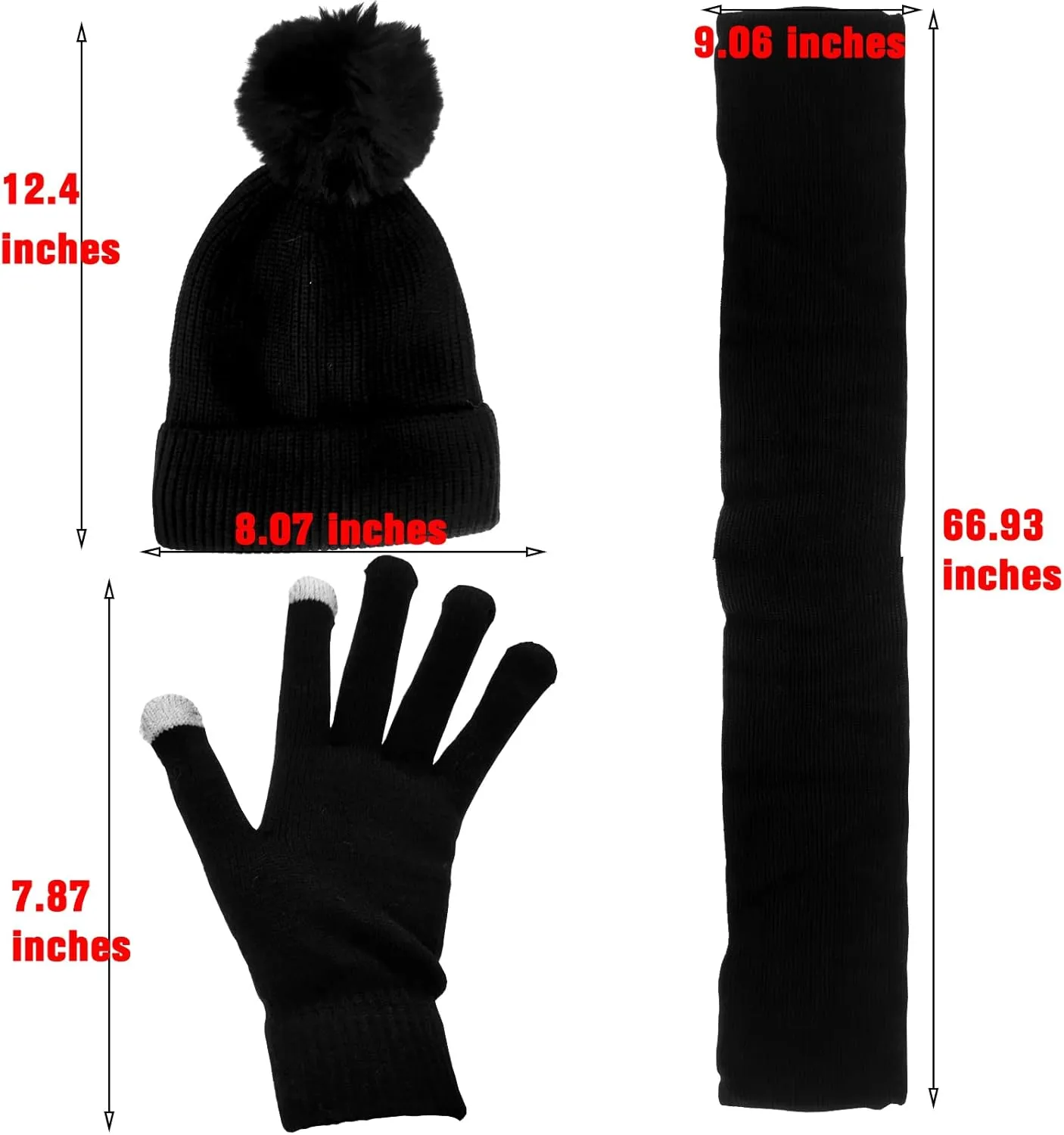 Women Girls Knit Beanie Hat Scarf and Gloves Set, Winter Soft Warm Thick Fleece Lined Knit Hat with Pompom, Gloves and Scarf