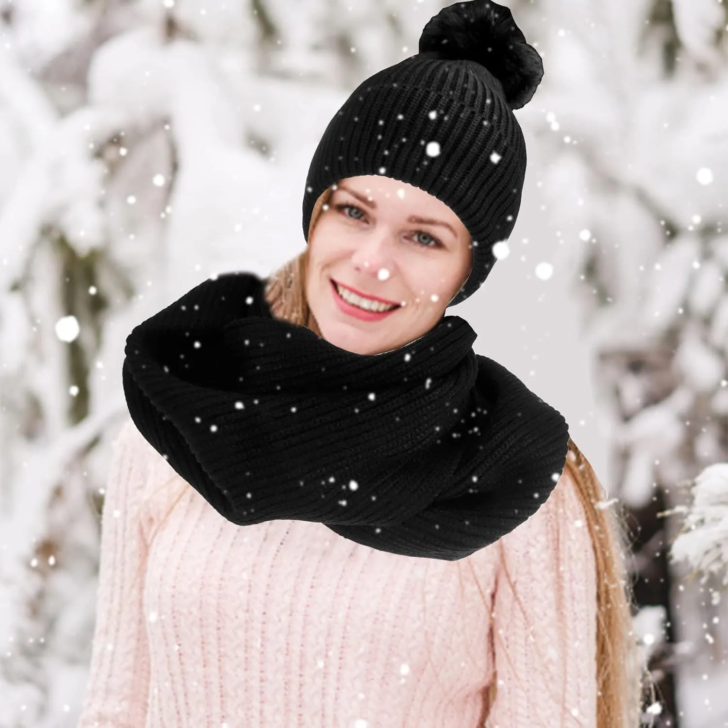 Women Girls Knit Beanie Hat Scarf and Gloves Set, Winter Soft Warm Thick Fleece Lined Knit Hat with Pompom, Gloves and Scarf
