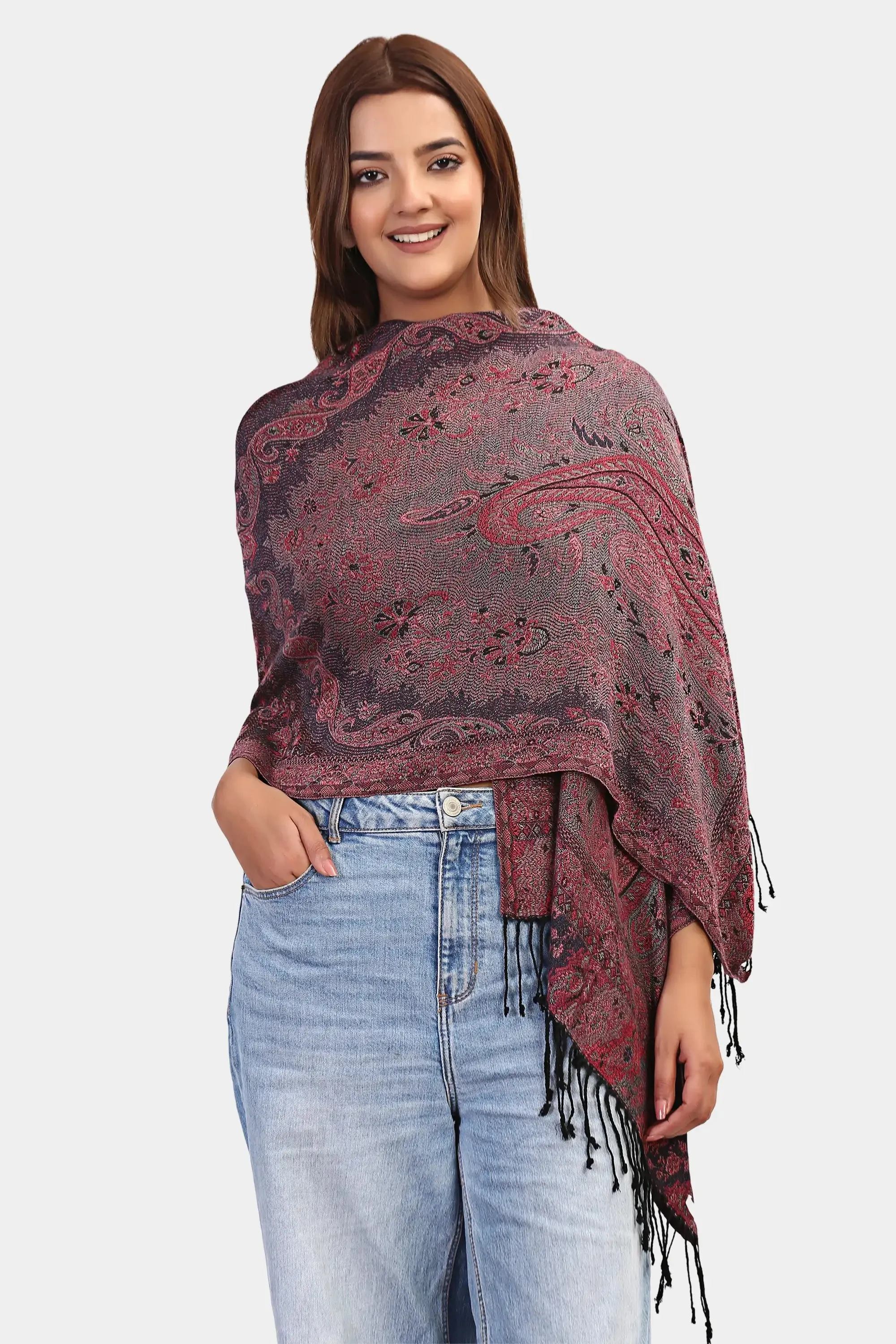 Women maroon jacquard shawl