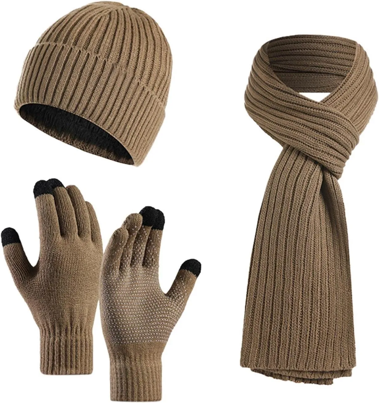 Women Men Winter Outdoor Warm Set Fleece Knitted Beanie Hat Long Scarf Neck Warmer Touchscreen Gloves 3 in 1 Set Ski Gift
