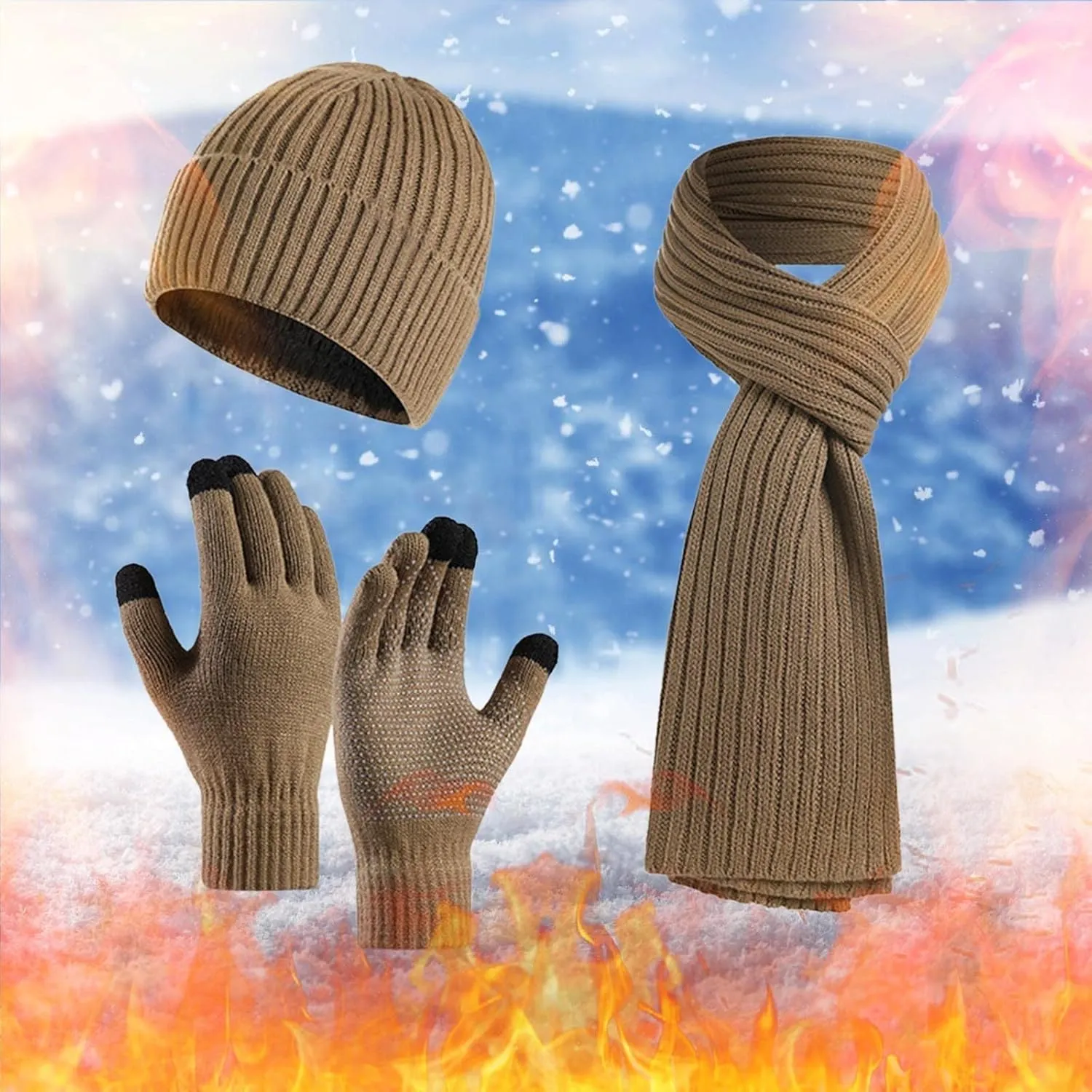 Women Men Winter Outdoor Warm Set Fleece Knitted Beanie Hat Long Scarf Neck Warmer Touchscreen Gloves 3 in 1 Set Ski Gift