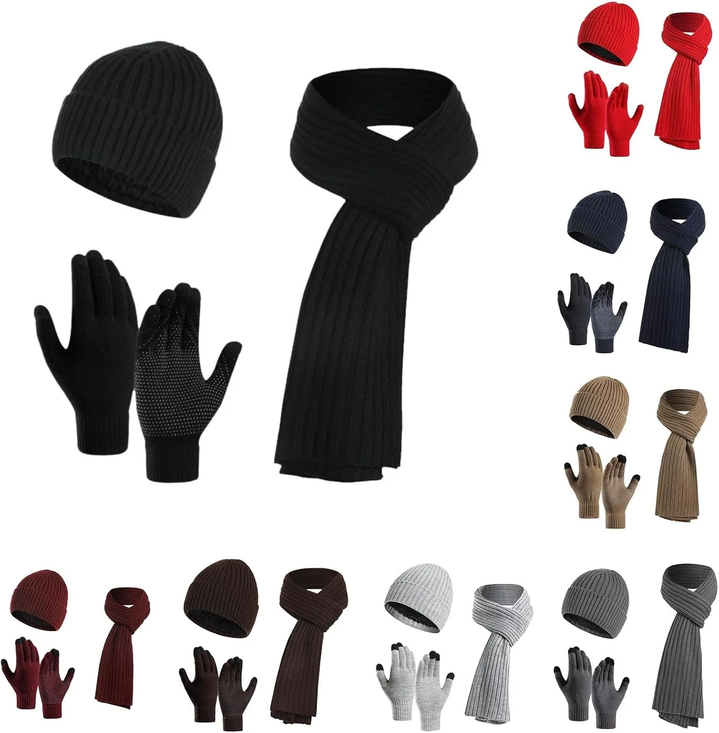 Women Men Winter Outdoor Warm Set Fleece Knitted Beanie Hat Long Scarf Neck Warmer Touchscreen Gloves 3 in 1 Set Ski Gift