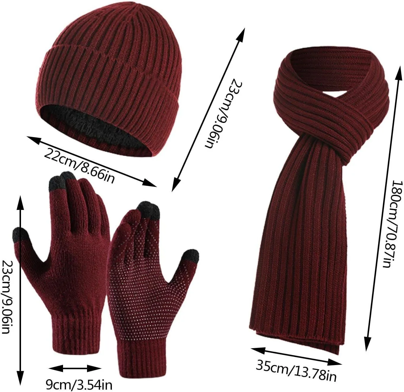 Women Men Winter Outdoor Warm Set Fleece Knitted Beanie Hat Long Scarf Neck Warmer Touchscreen Gloves 3 in 1 Set Ski Gift