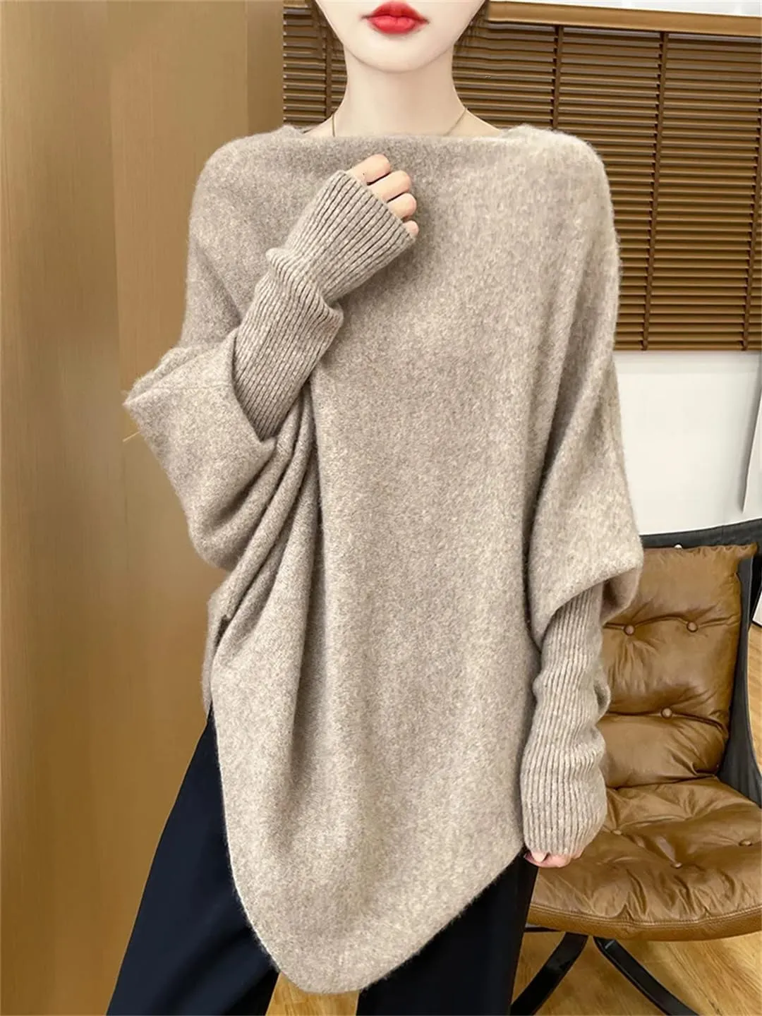 Women Wool Shawls Sweater Loose Knit Elegant Soft Pullover